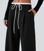 Pantalon décontracté jambe large bicolore double épaisseur, taille basse avec poches latérales