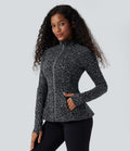 Veste décontractée Halara UltraSculpt™ imprimé léopard col montant manches longues avec trous pour pouces et poches