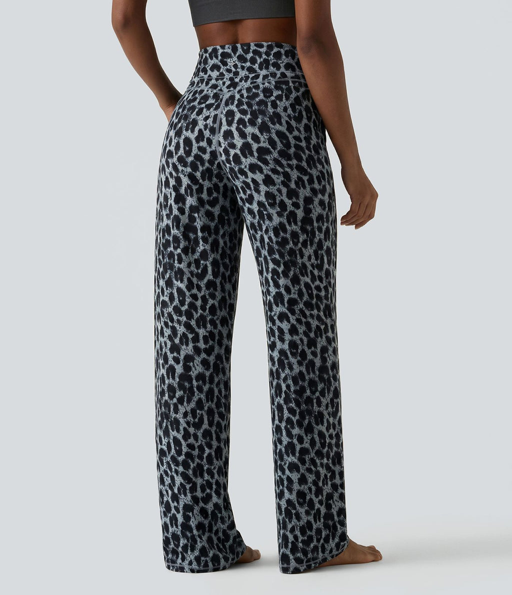 Pantalon de yoga jambes droites taille haute gainant imprimé léopard Halara UltraSculpt™ avec poches
