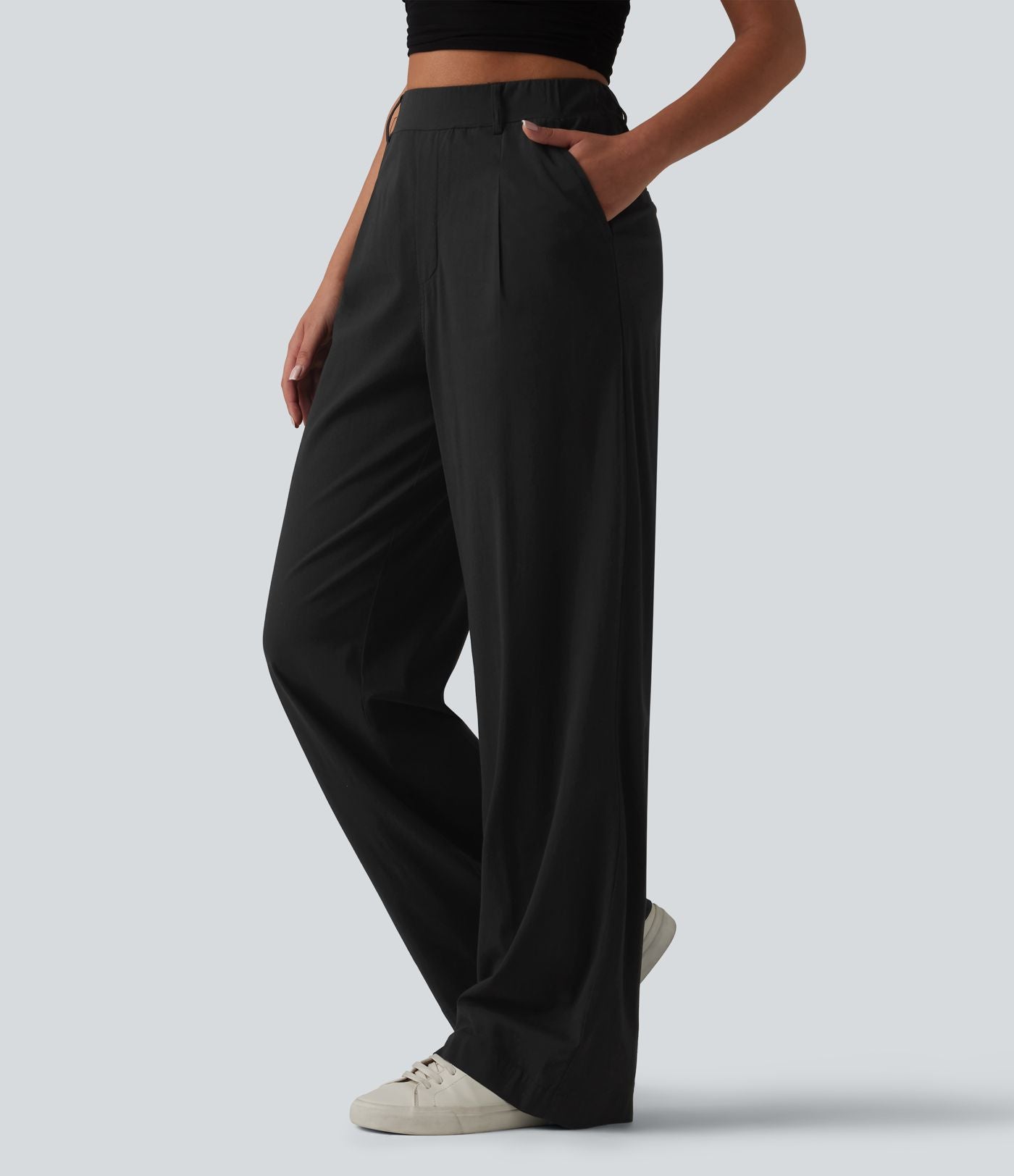 Pantalon taille haute casual en lin stretch coupe droite avec poches