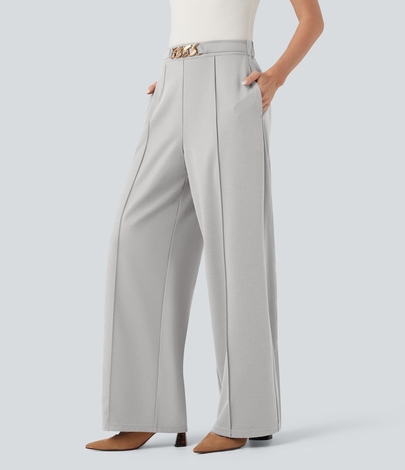 Pantalon de travail coupe droite taille haute avec chaîne métallique avec poches