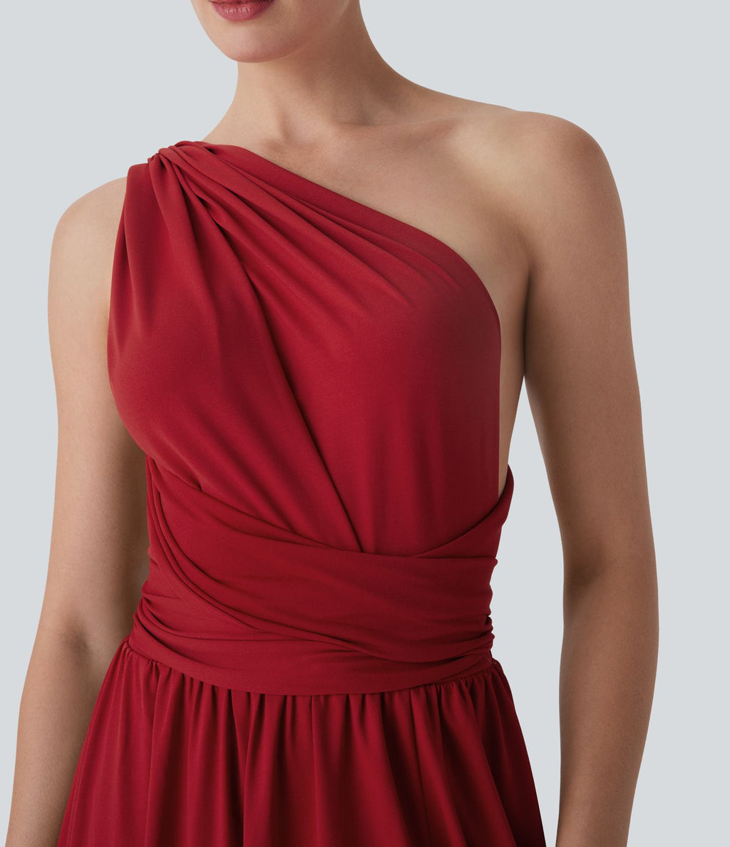 Robe longue de soirée col V, manches courtes, dos croisé à nouer, fendue avec poche latérale
