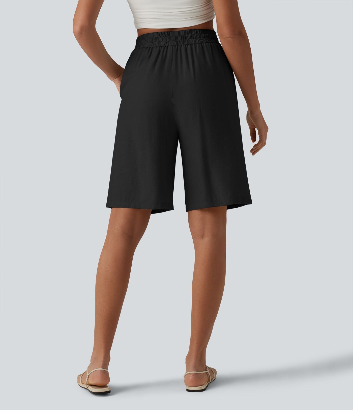 Short décontracté taille haute en lin mélangé avec cordon de serrage et poches, 25 cm