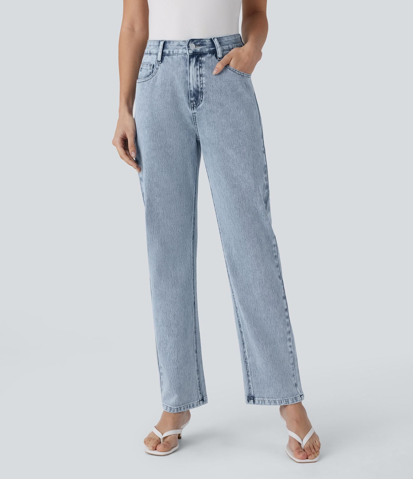 Halara Flex™ Jean droit extensible à taille haute avec bouton, fermeture éclair et poches multiples