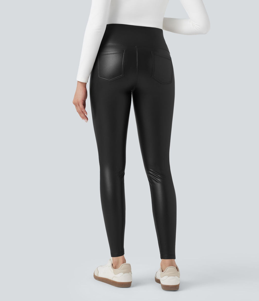 Pantalon 7/8 moulant décontracté polaire gainant taille haute extensible effet cuir avec poches