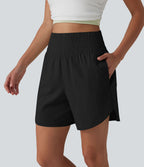 Short décontracté en lin extensible taille haute ourlet arrondi 12,5 cm avec poches