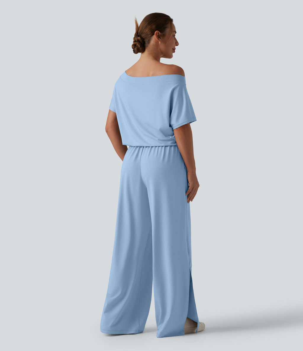 Combinaison casual asymétrique manches courtes avec poches et fente - Easy Peasy