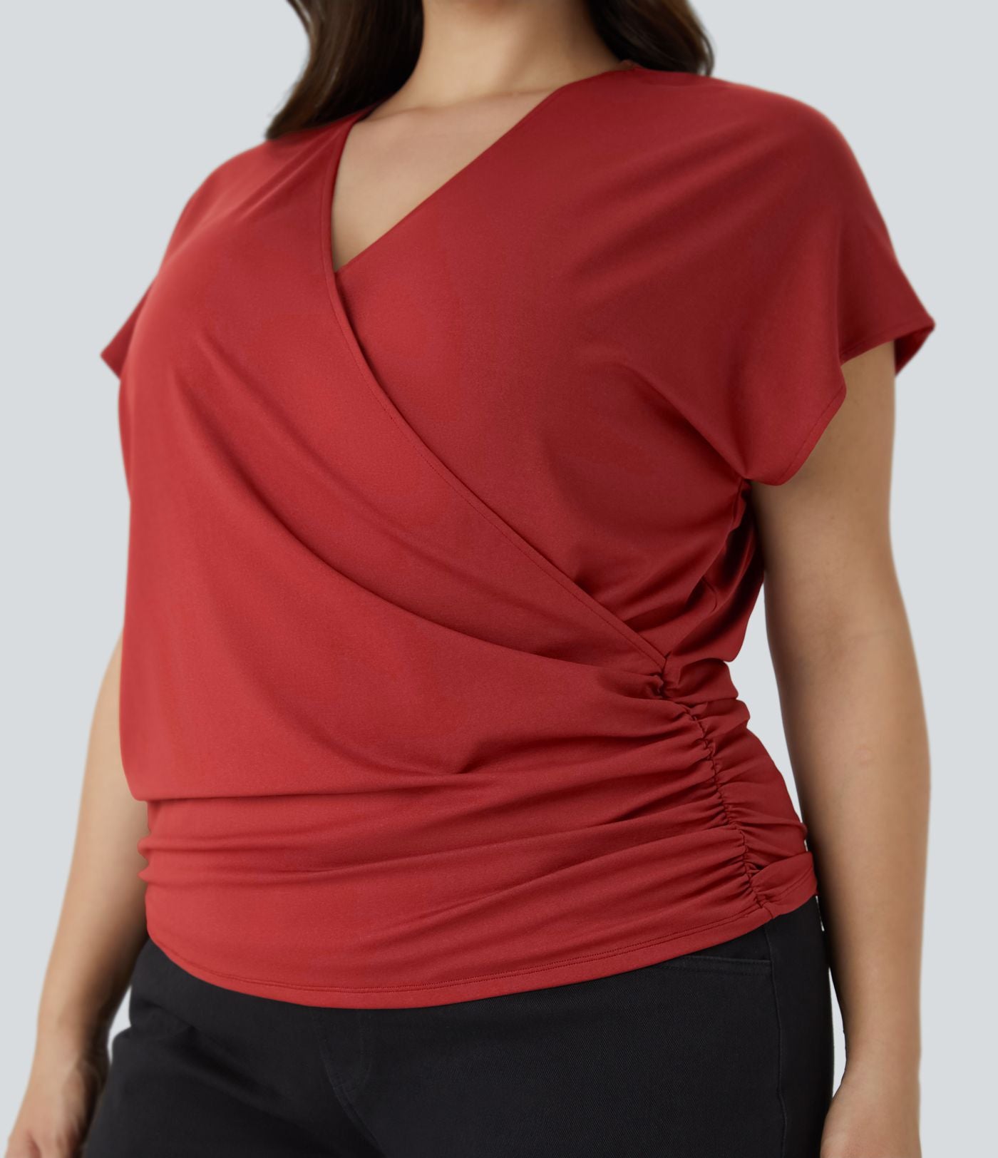 Blouse Travail Unie Froncée Croisée Manches Courtes Col en V Grande Taille