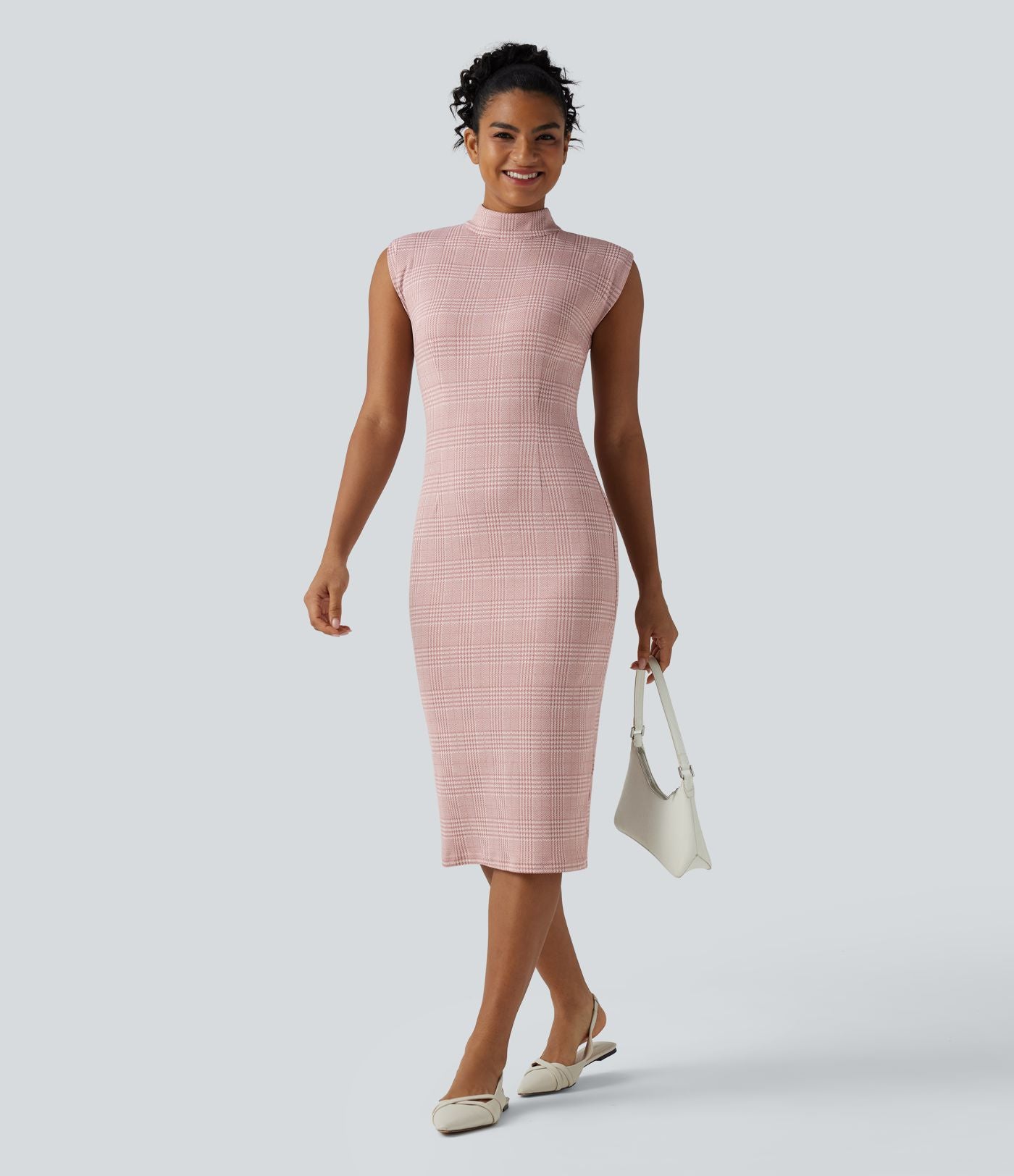 Robe de travail midi moulante sans manches col montant pied-de-poule à carreaux