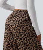 Pantalon large décontracté taille haute imprimé léopard en tissu gaufré avec poches
