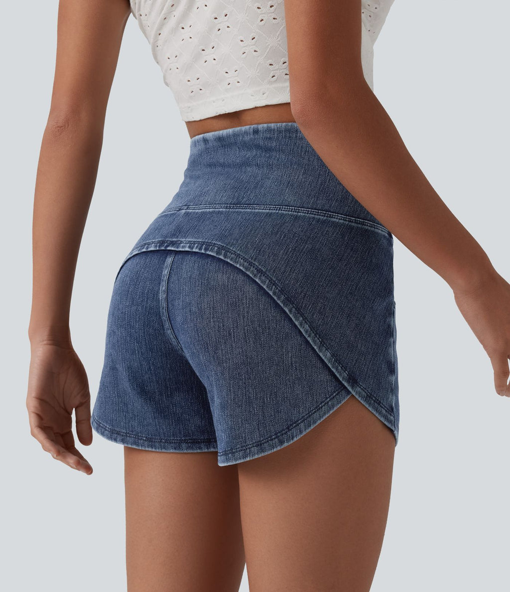 Halara Flex™ Short casual en jean skinny gainant taille haute à ourlet arrondi avec poches