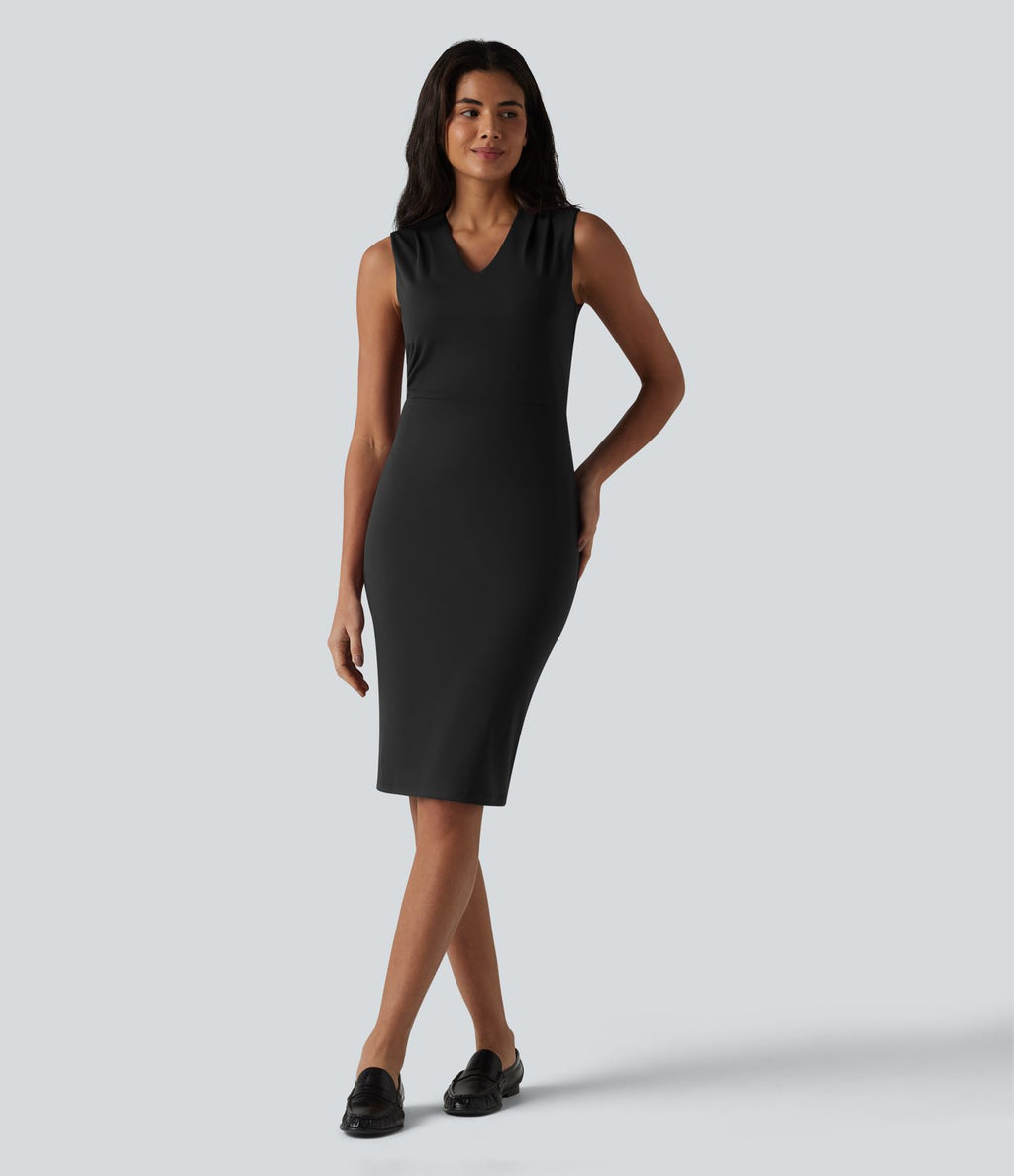 Robe midi tailleur sans manches col V ventre plat avec gainant intégré