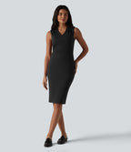 Robe midi tailleur sans manches col V ventre plat avec gainant intégré