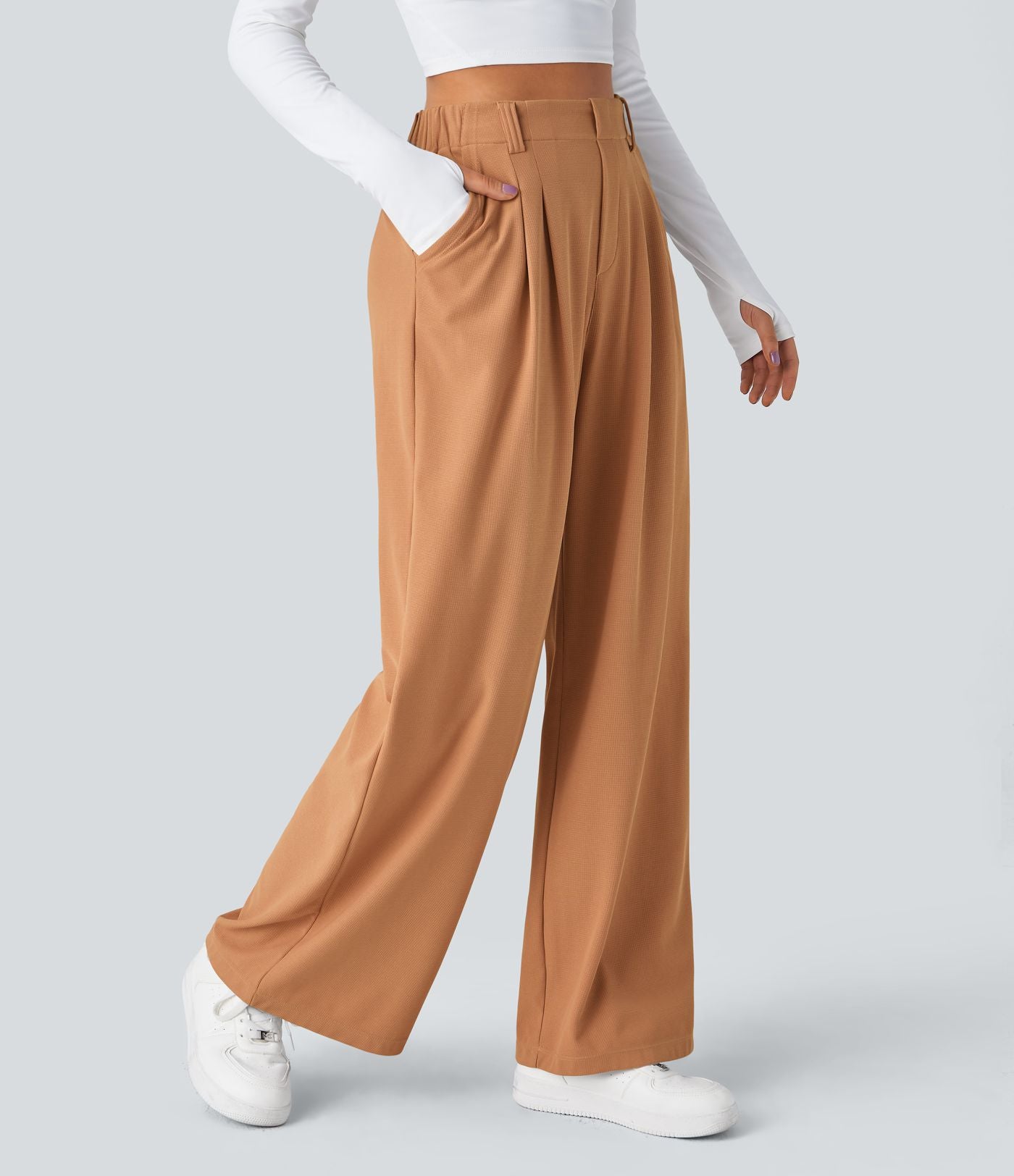 Pantalon Tailleur Large Fluide Halara Flex™ Gaufré Taille Haute Poches Latérales