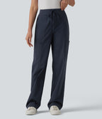 Pantalon cargo droit taille mi-haute avec cordon de serrage, longueur ajustable et poches