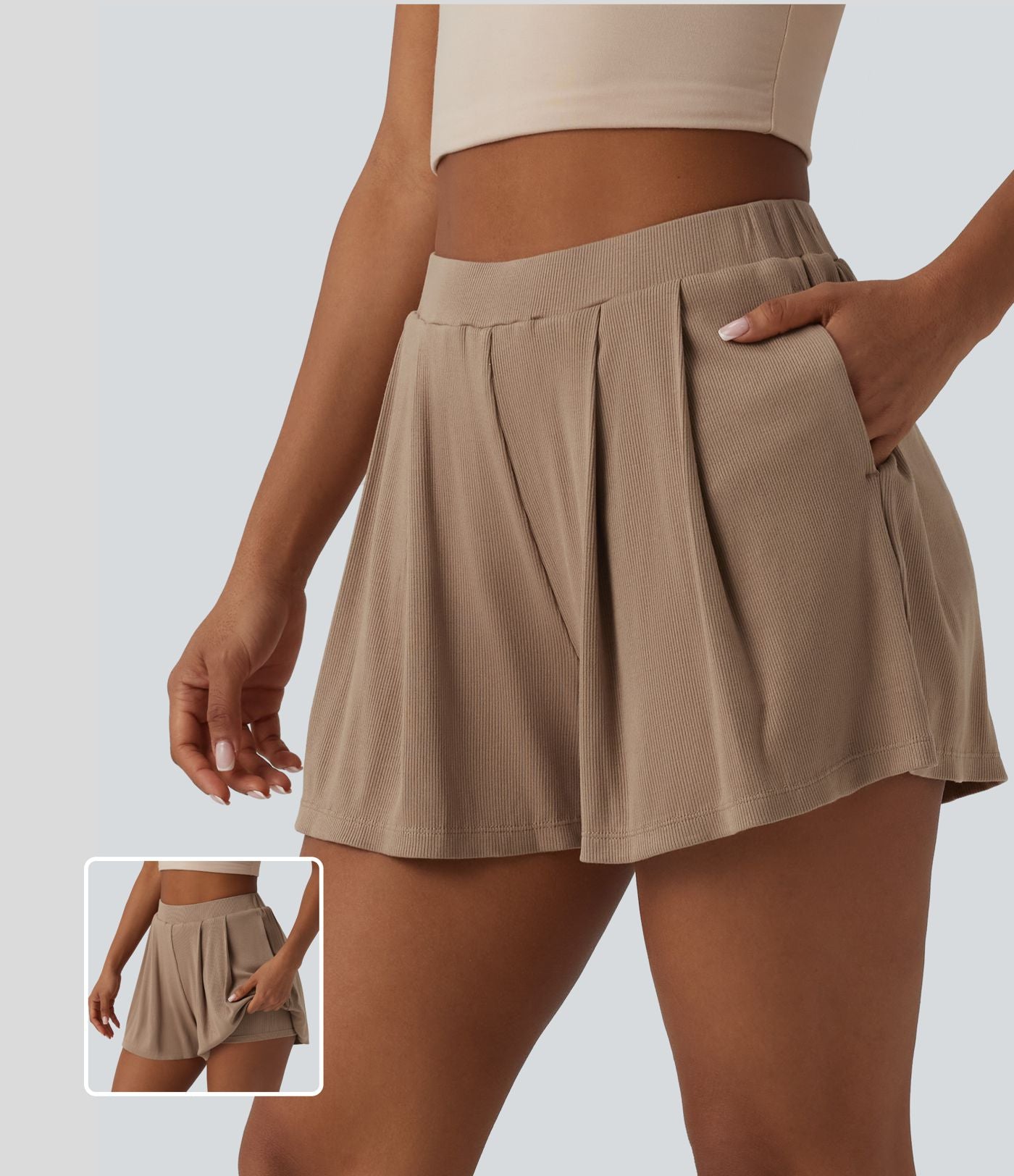 Short tailleur casual 2-en-1 côtelé maille taille haute avec poches