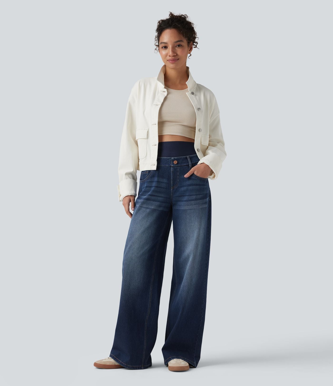 Jean large délavé Halara Flex™ taille haute gainant avec poches