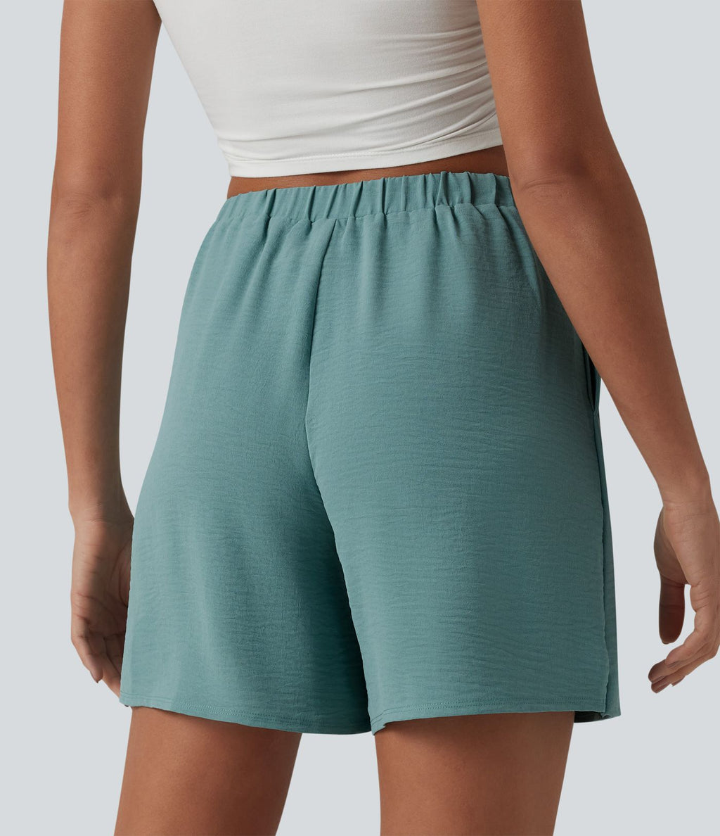 Jupe-short casual taille haute aspect lin avec lien noué sur le côté