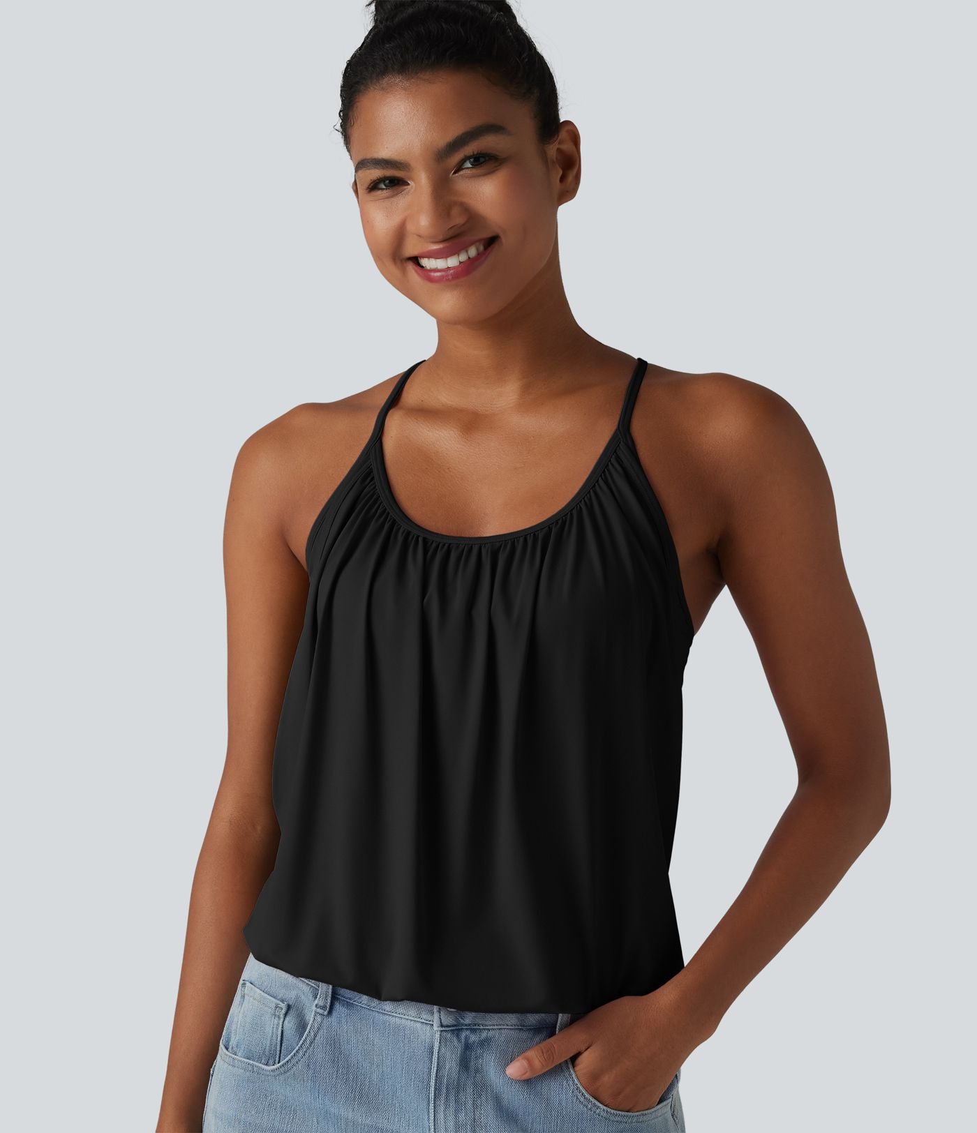 Débardeur décontracté col U froncé 2-en-1 avec brassière intégrée effet frais InstantCool séchage rapide, protection solaire UPF50+