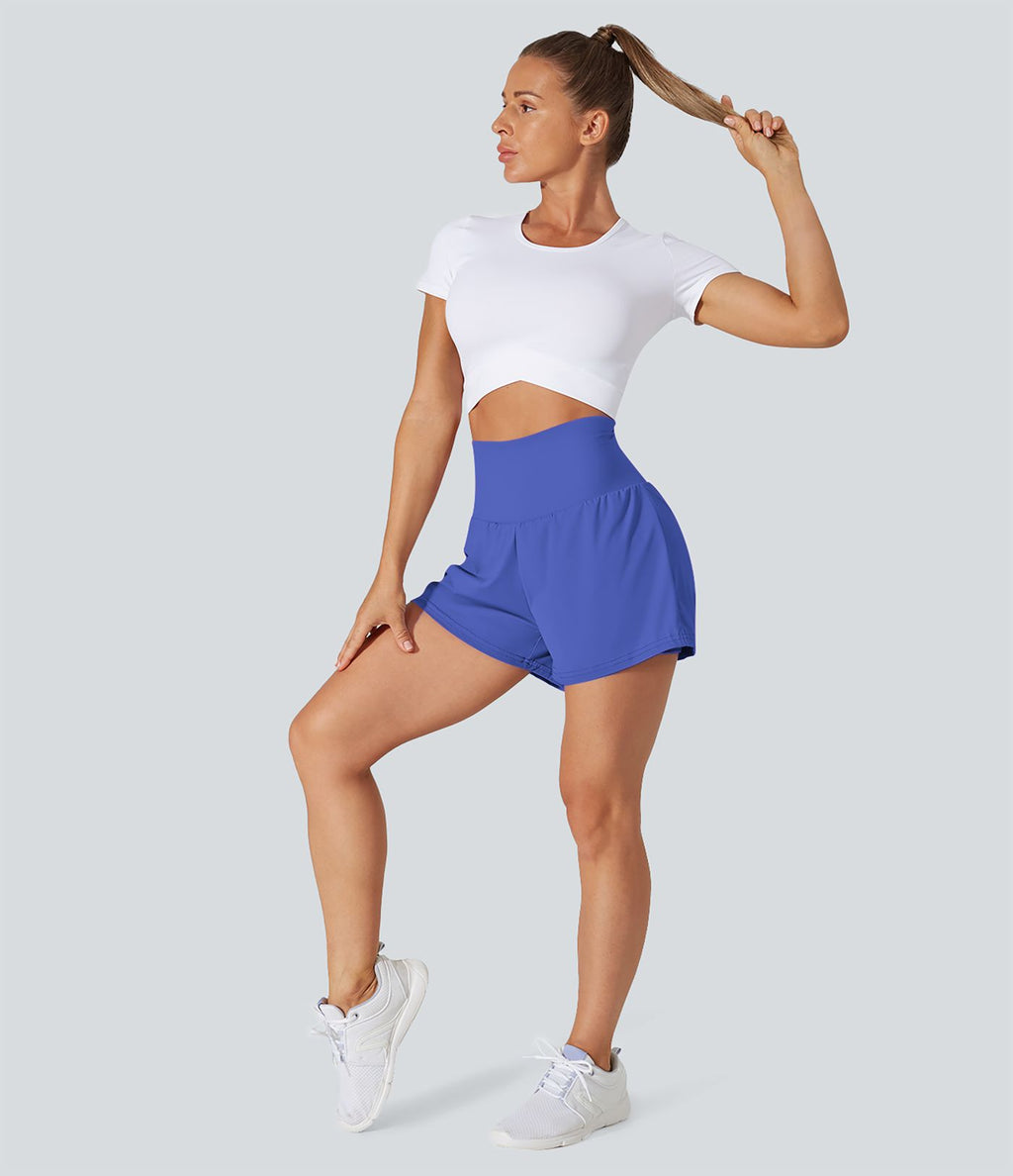 Short 7,5cm Yoga 2 en 1 Super Taille Haute Poches Arrière Poches Cachées Latérales