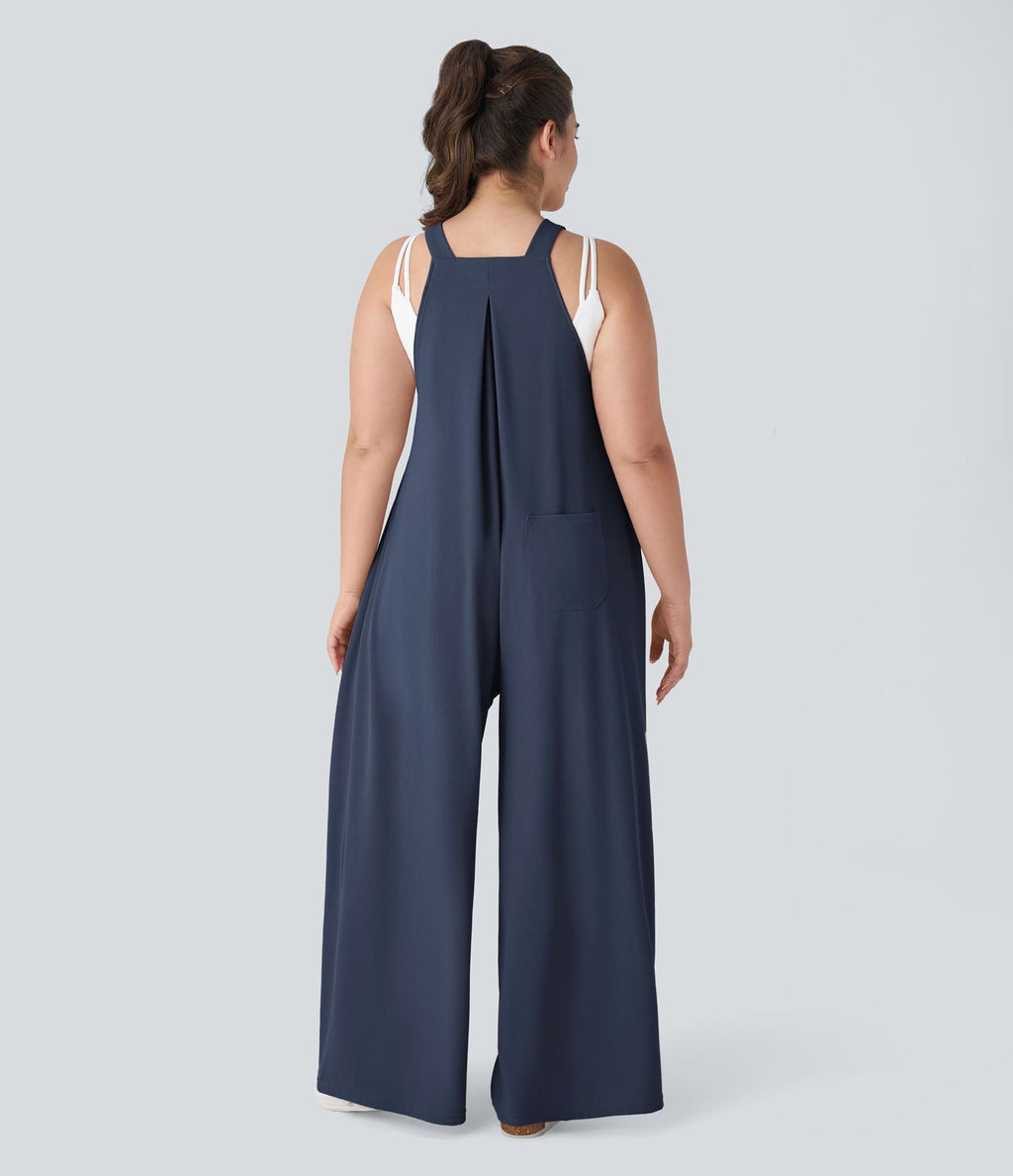 Salopette Casual Grande Taille en Gaufré avec Bretelles Ajustables Boutons et Poches Multiples