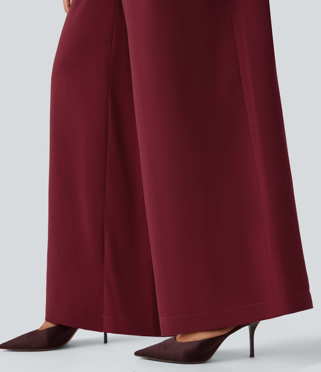 Combinaison pantalon de soirée large à décolleté en V, manches longues bouffantes, ceinture et poches