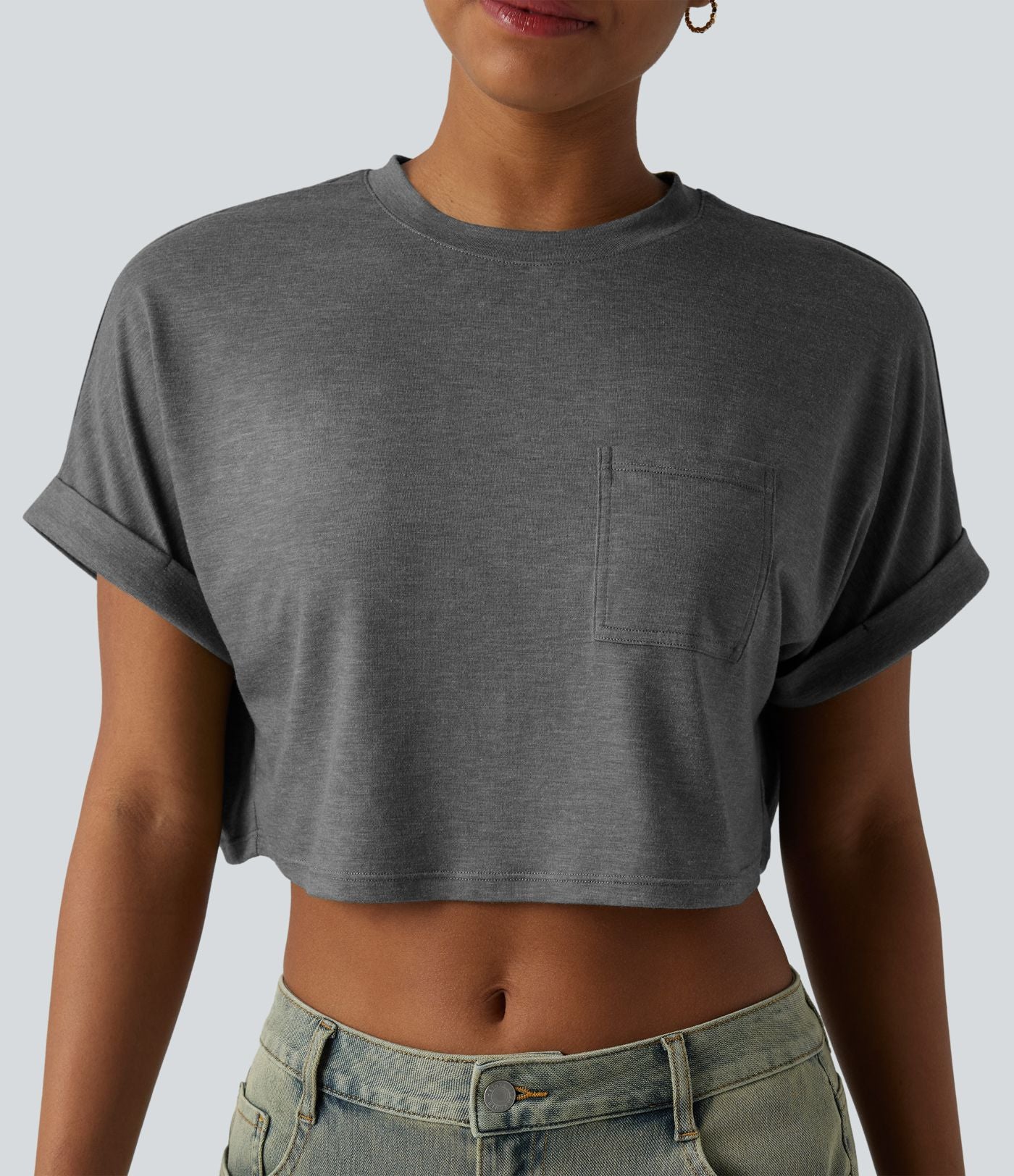 T-shirt décontracté court chiné col rond manches courtes coupe ample avec poche