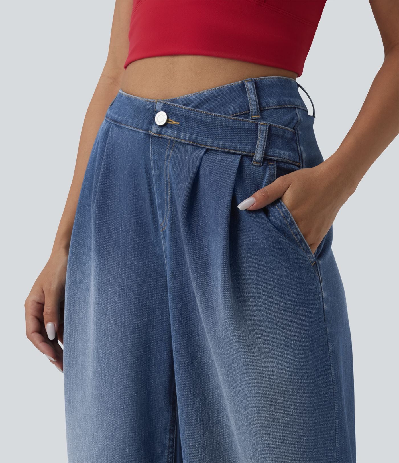 Halara Flex™ Jean large décontracté asymétrique taille haute délavé avec poches