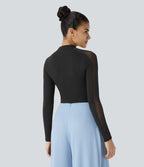 Top de Travail Skinny à Col Montant Manches Raglan Longues Mesh Contrastés