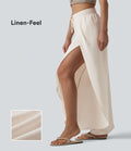 Pantalon ample décontracté à taille mi-haute, fentes, aspect lin, cordon de serrage et poches
