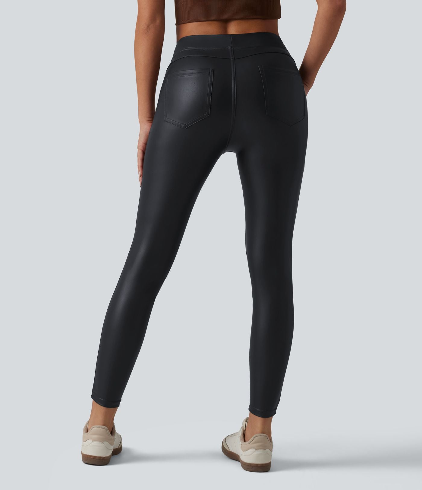 Pantalon skinny casual taille haute en simili cuir extensible avec poches