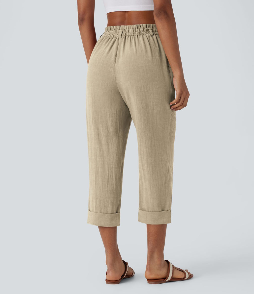 Pantalon capri effet lin taille haute avec poches zippées