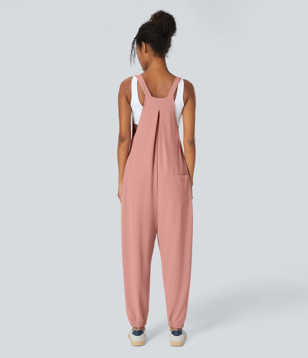 Salopette Casual Bretelles Ajustables Boutonnés Multiples Poches Plis et Tissu Gaufré