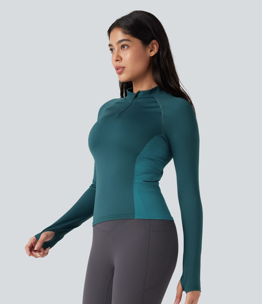 Haut de sport yoga demi-zip à manches longues avec passants pouces sans couture OneForm Seamless Flow