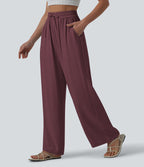 Pantalon casual large fluide mélange lin taille haute avec cordon de serrage et poches
