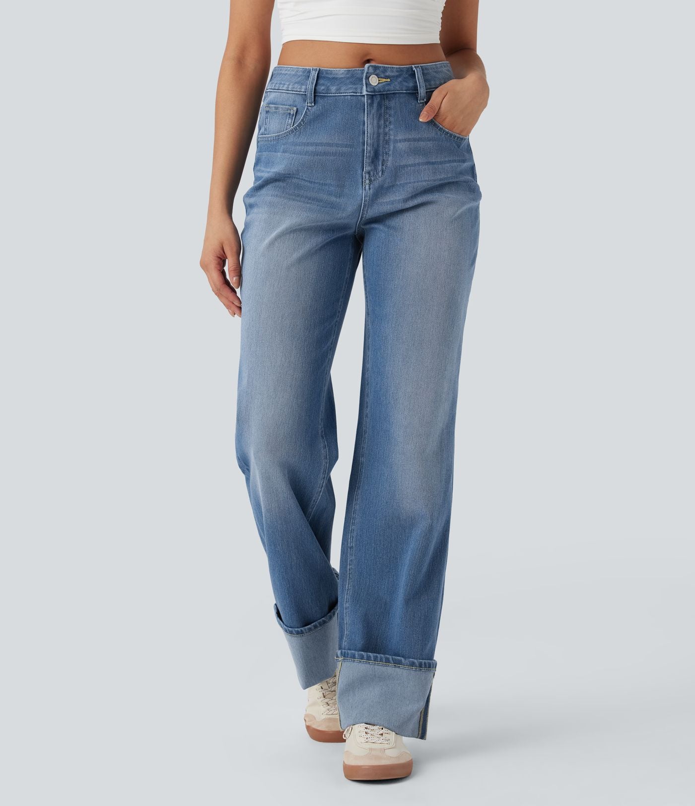 Jean décontracté Halara Flex™ jambe droite taille mi-haute ourlet retroussé avec poches