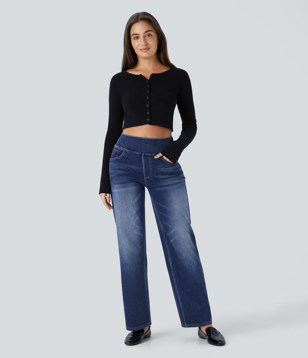 Jean décontracté Halara Flex™ taille haute, extensible, délavé, jambes droites avec poches multiples