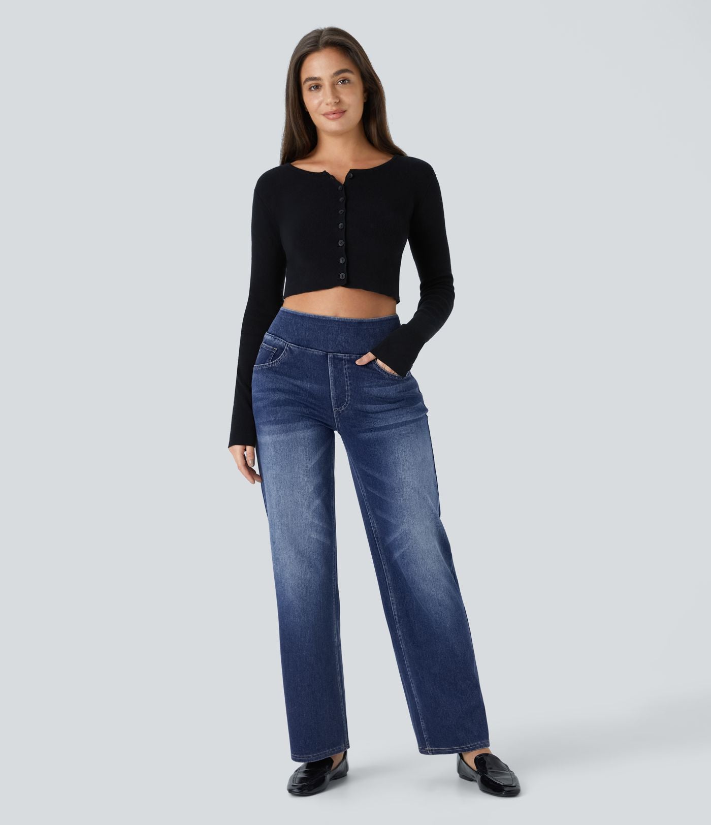 Jean décontracté Halara Flex™ taille haute, extensible, délavé, jambes droites avec poches multiples