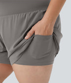 Short Yoga 10cm Plus Longue Taille Ultra Haute 2 en 1 Poche Arrière Poche Cachée Latérale Grande Taille
