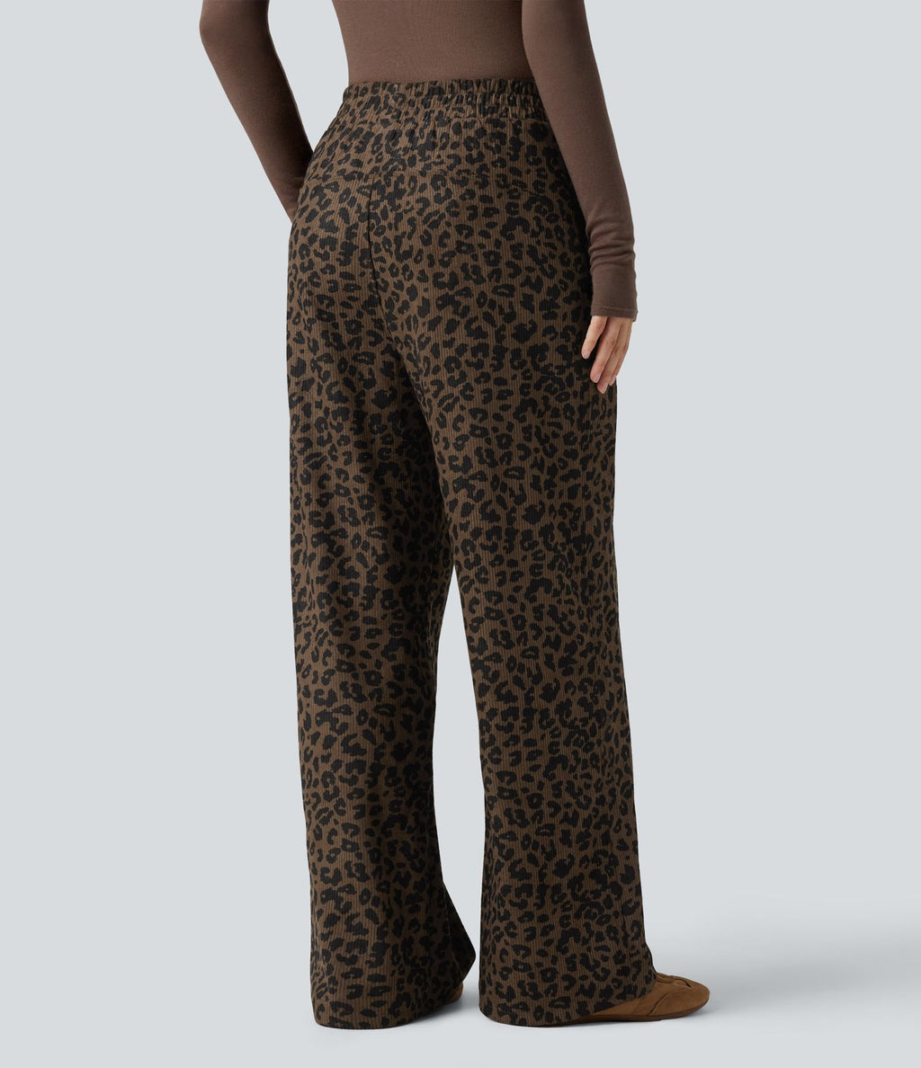 Pantalon léopard velours côtelé imprimé coupe droite mop taille haute avec poches