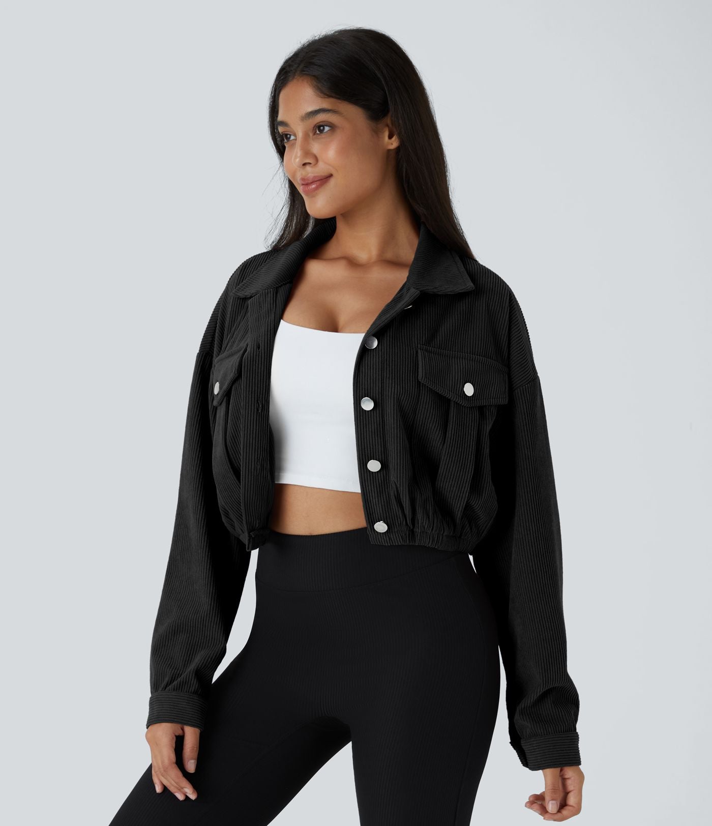 Veste Casual en Velours Côtelé à Boutons Poches Col Court