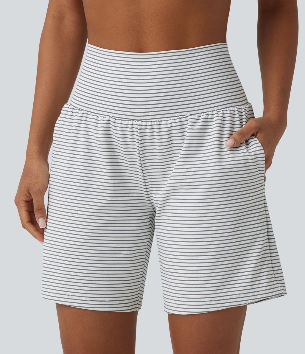 Short yoga 2-en-1 à rayures taille super haute 17,5 cm avec poches