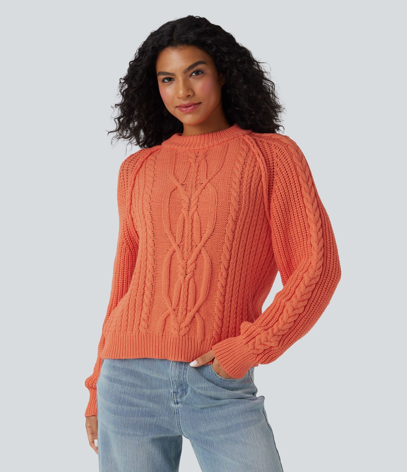 Pull décontracté maille torsadée col rond manches raglan longues coupe décontractée