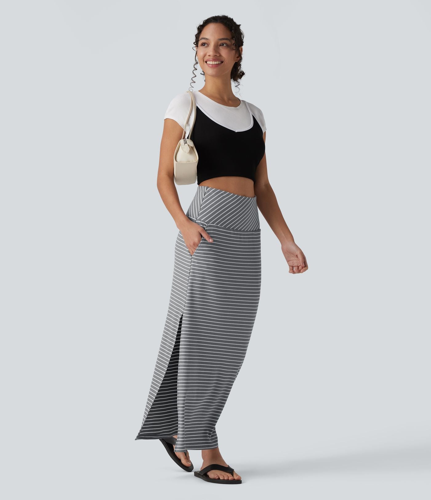 Jupe longue casual gainante taille haute à rayures et fente avec poches