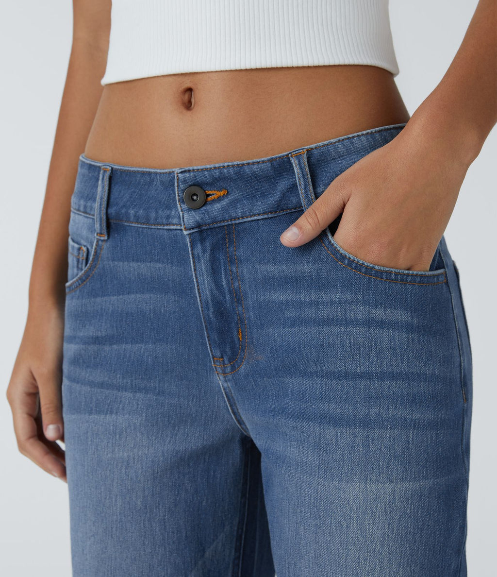 Jean décontracté Halara Flex™ taille basse à jambes droites avec bouton, fermeture éclair, multiples poches, effet délavé en maille extensible