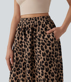 Jogging casual fluide gaufré imprimé léopard taille haute avec poches