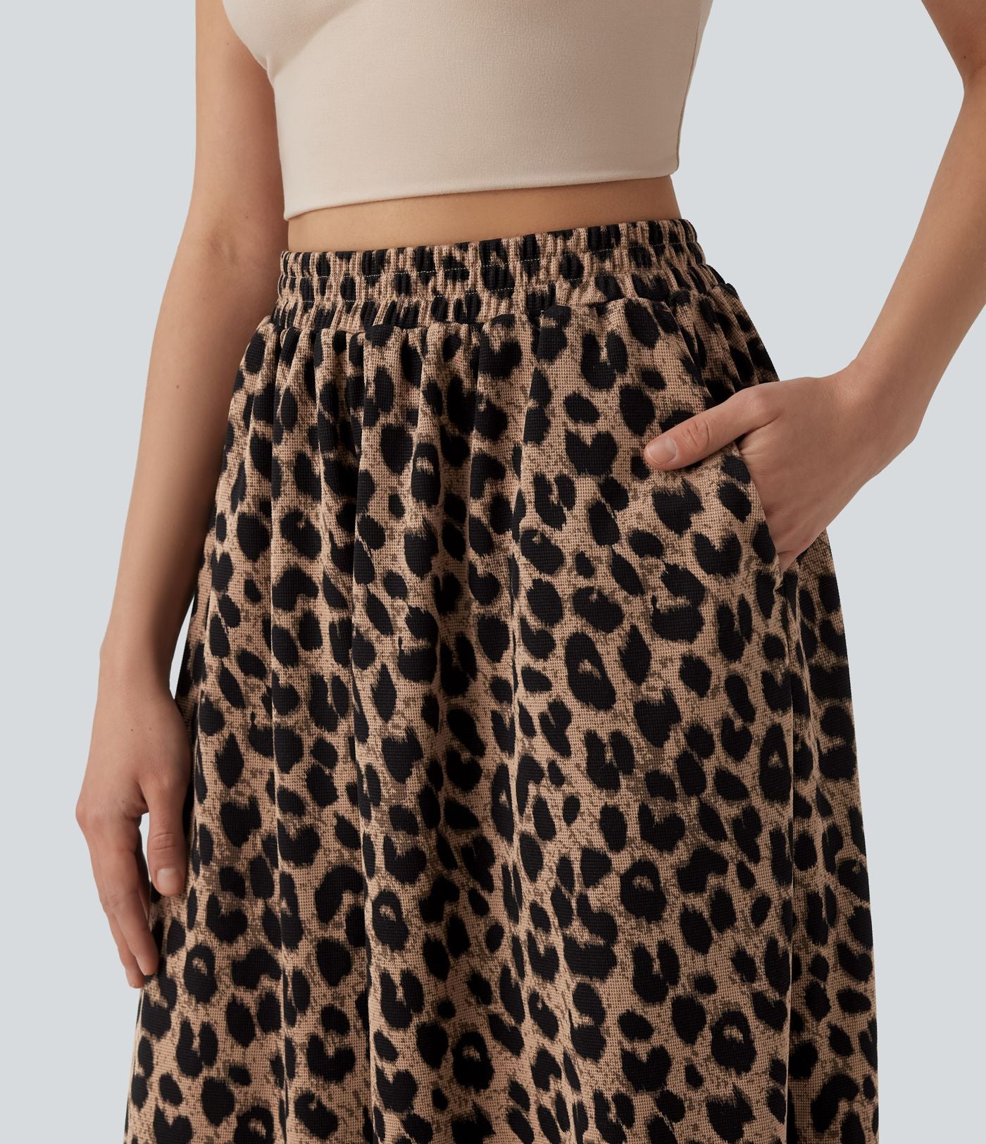 Jogging casual fluide gaufré imprimé léopard taille haute avec poches