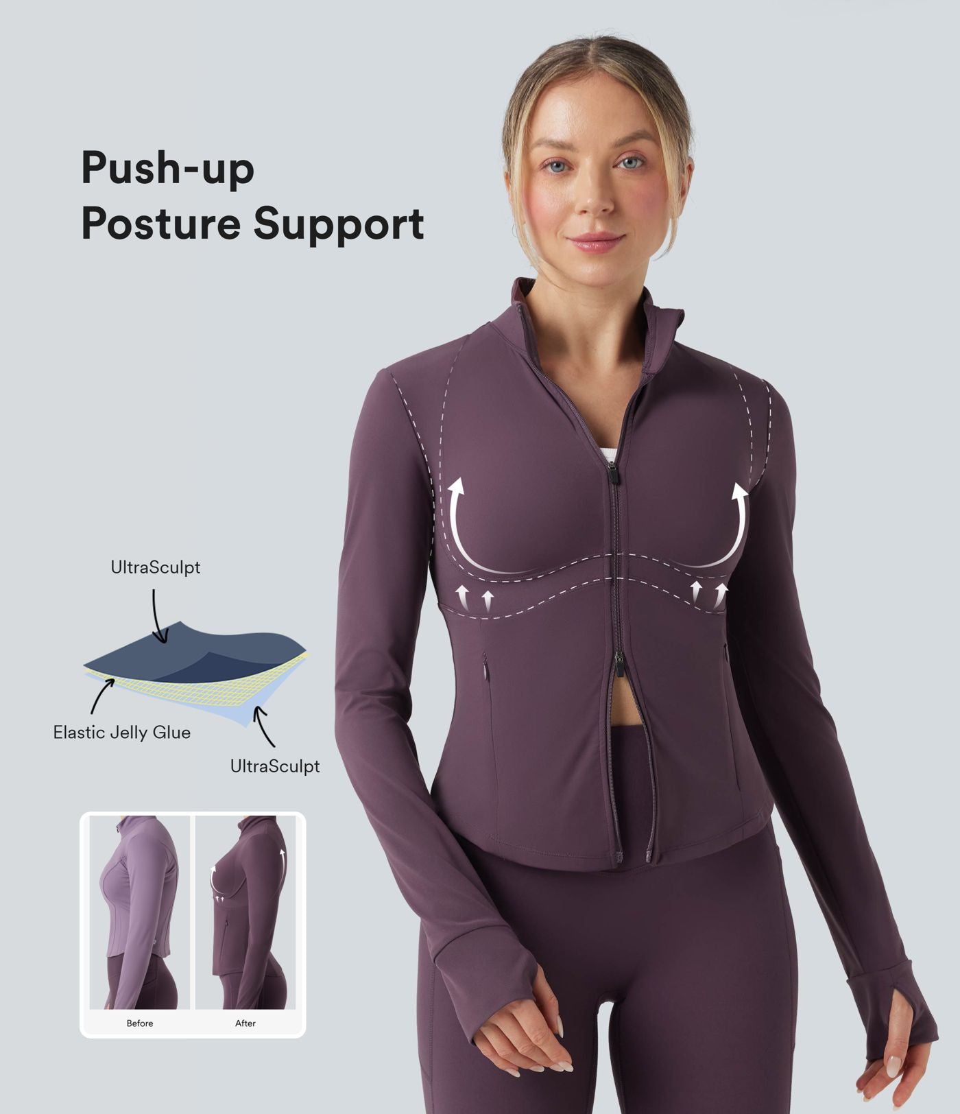 Veste de yoga Halara UltraSculpt™ col montant push-up manches longues à trous pouces avec poches