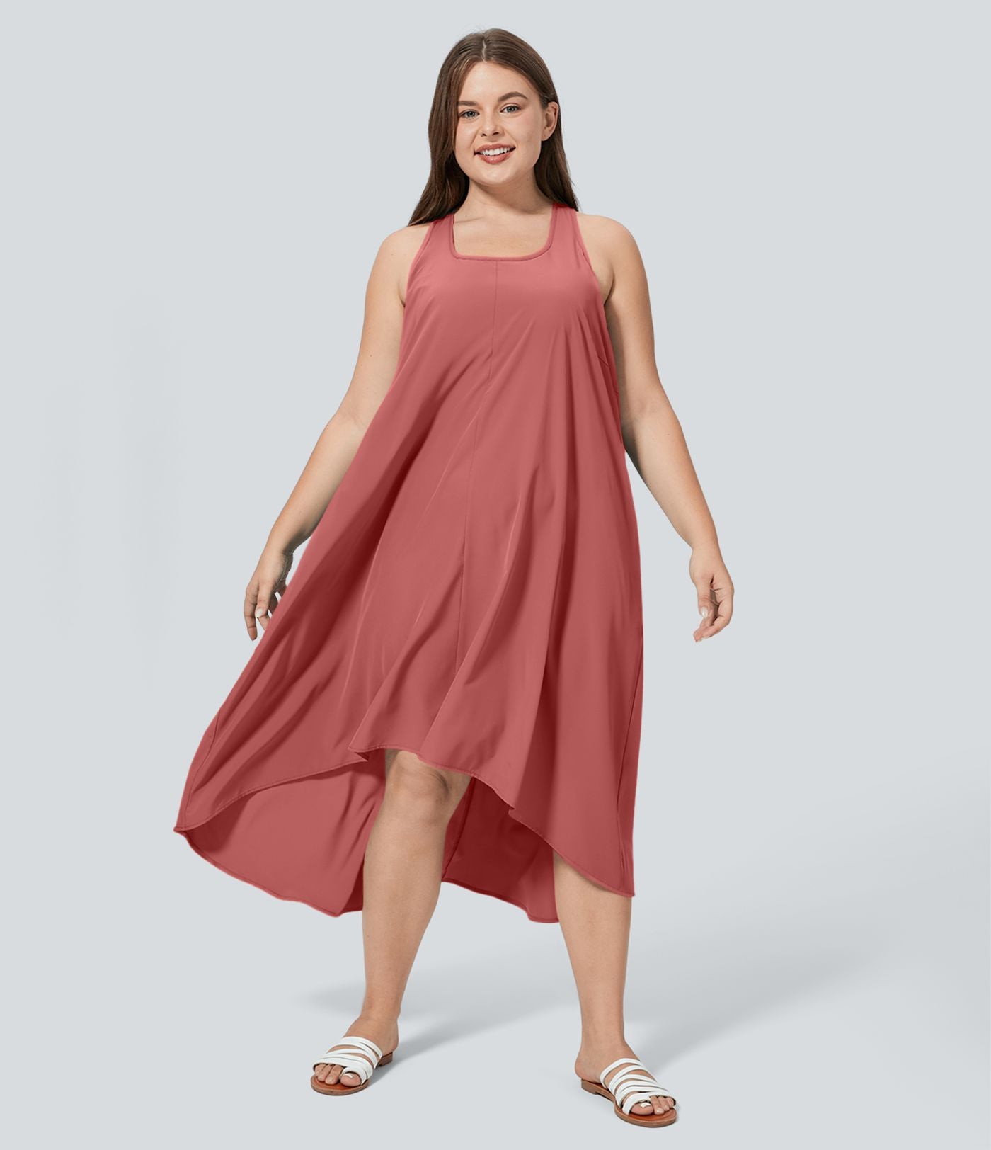 Breezeful™ Dos Nu Racerback Poche Latérale Haut Bas Fluide Midi Séchage Rapide Décontracté Robe Grande Taille