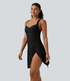 Robe de bain 2-en-1 push-up gainante à encolure Queen Anne avec bretelles ajustables, design torsadé, fronces, ourlet fendu, brassière intégrée et poches